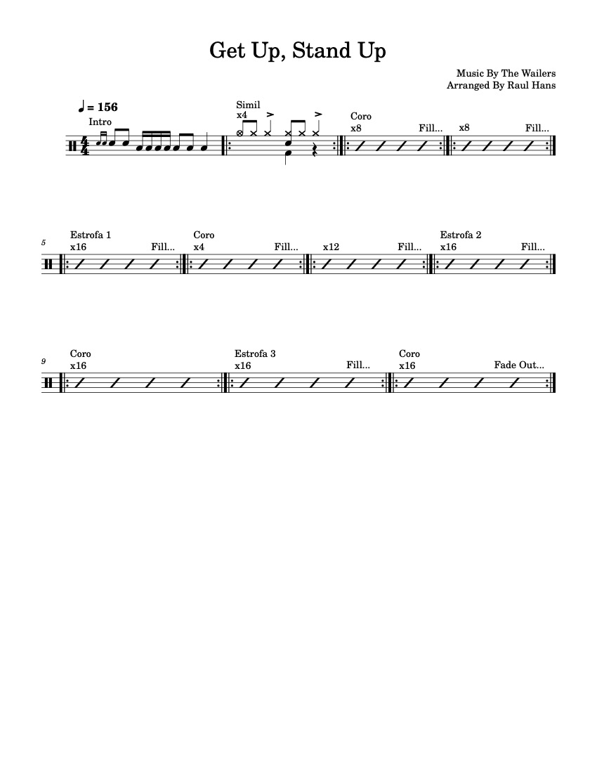 First page of the beginner drums tab sheet music for Get Up, Stand Up by The Wailers on Tably.es