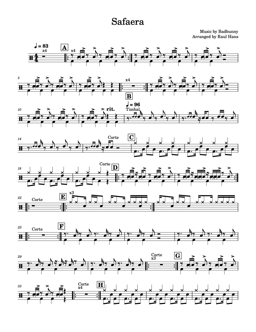 First page of the advanced drums tab sheet music for Safaera by Bad Bunny on Tably.es
