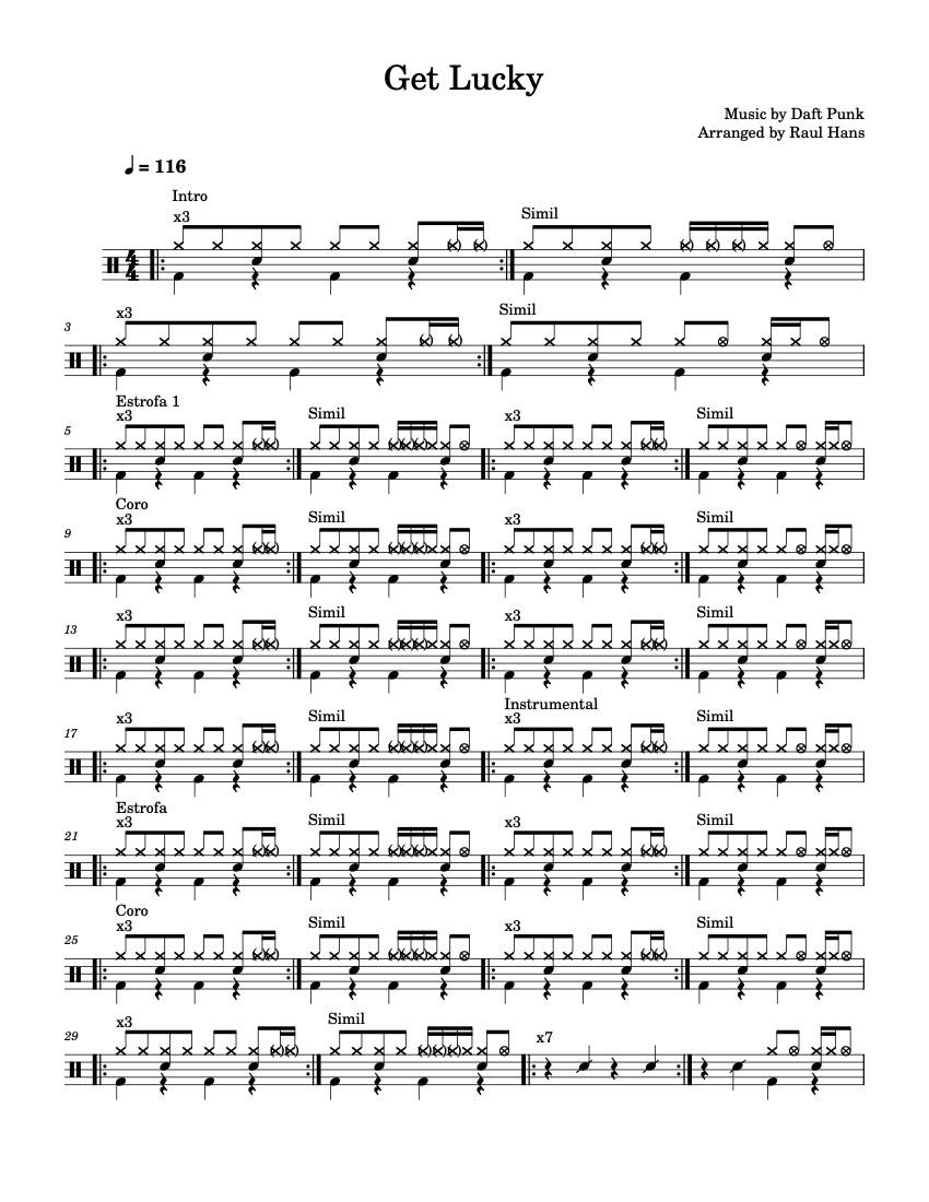 First page of the intermediate drums tab sheet music for Get Lucky by Daft Punk on Tably.es