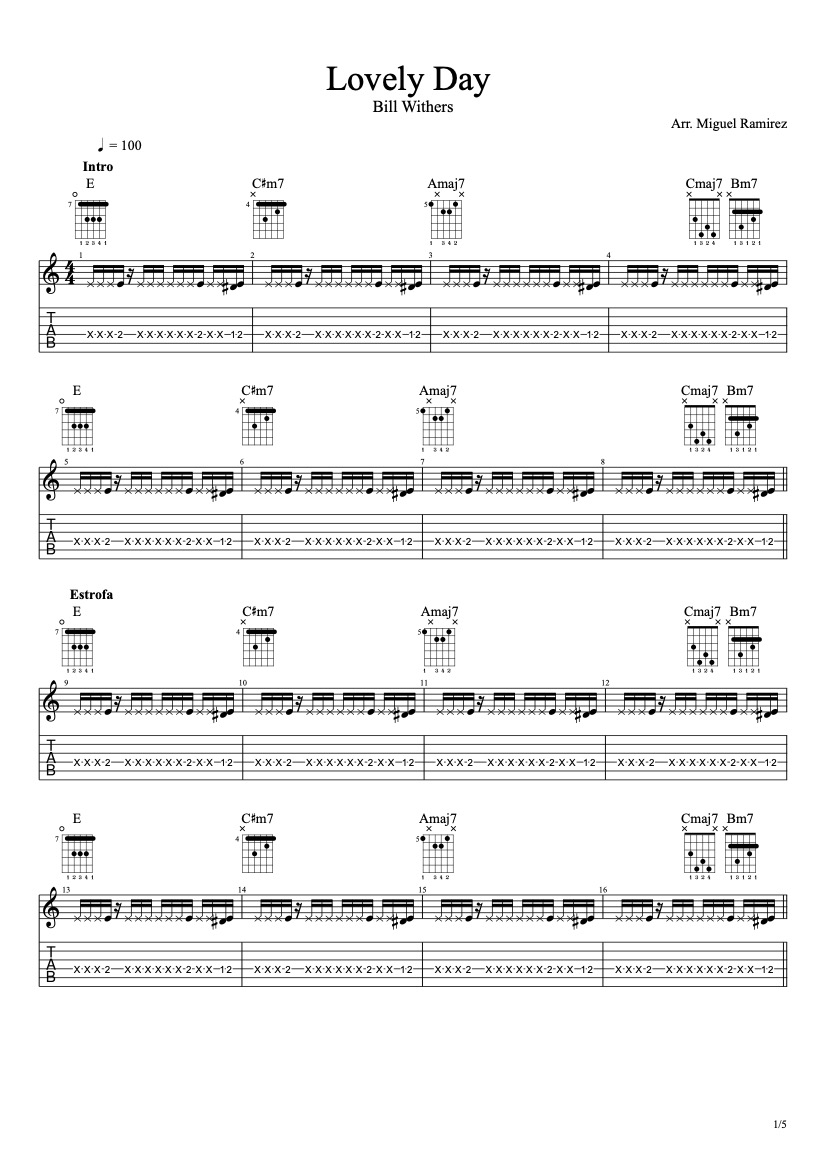 First page of the advanced guitar tab sheet music for Lovely Day by Bill Withers on Tably.es