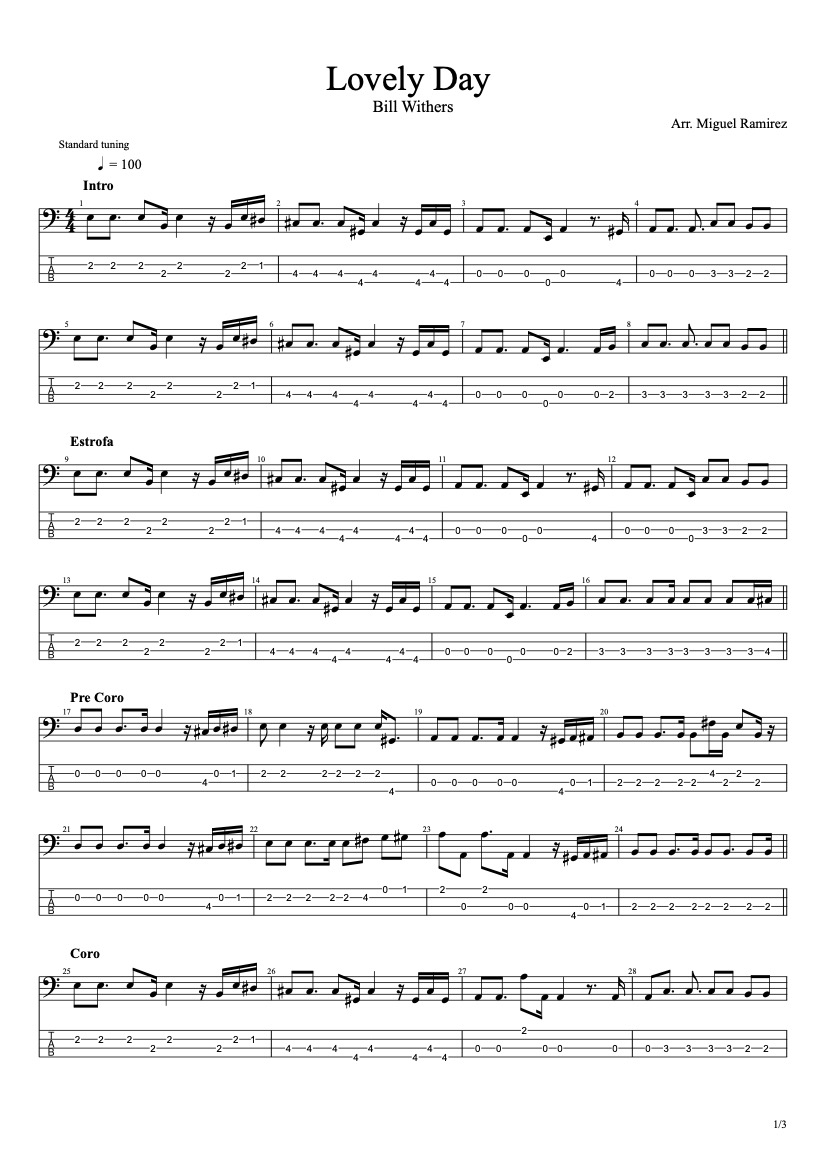 First page of the advanced bass tab sheet music for Lovely Day by Bill Withers on Tably.es