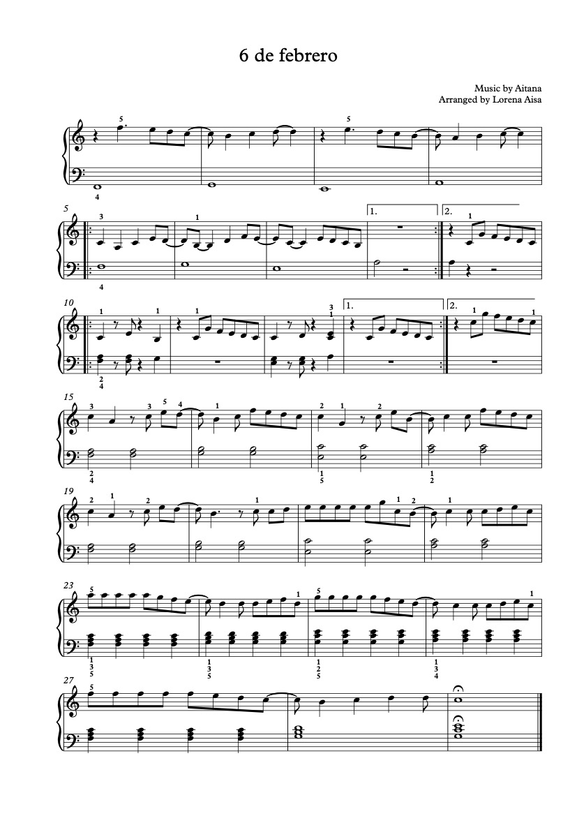 First page of the easy piano sheet music for 6 de febrero by Aitana on Tably.es