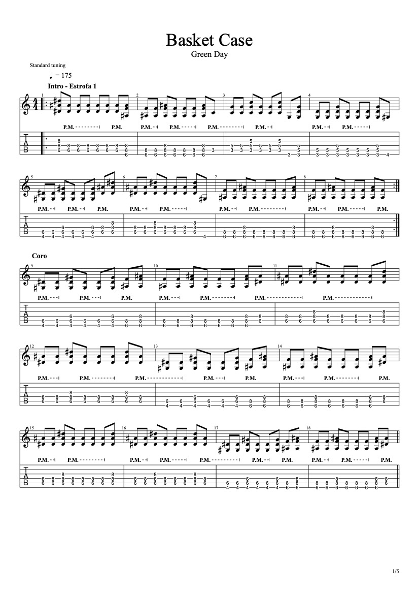 First page of the intermediate guitar tab sheet music for Basket Case by Green Day on Tably.es