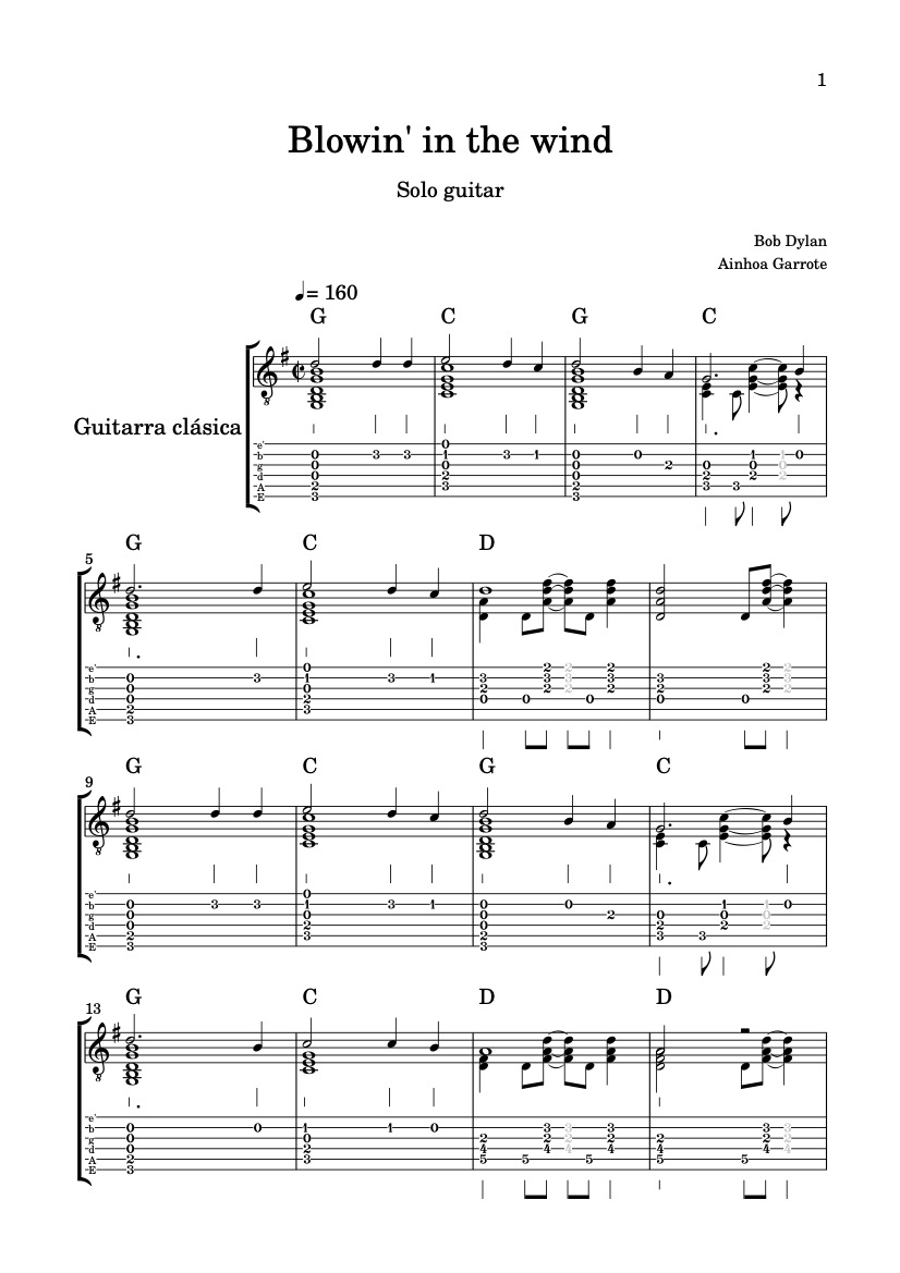 First page of the intermediate guitar tab sheet music for Blowin’ in the Wind by Bob Dylan on Tably.es