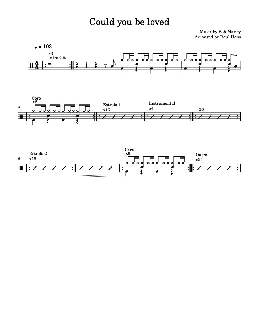 First page of the beginner drums tab sheet music for Could You Be Loved by Bob Marley & The Wailers on Tably.es