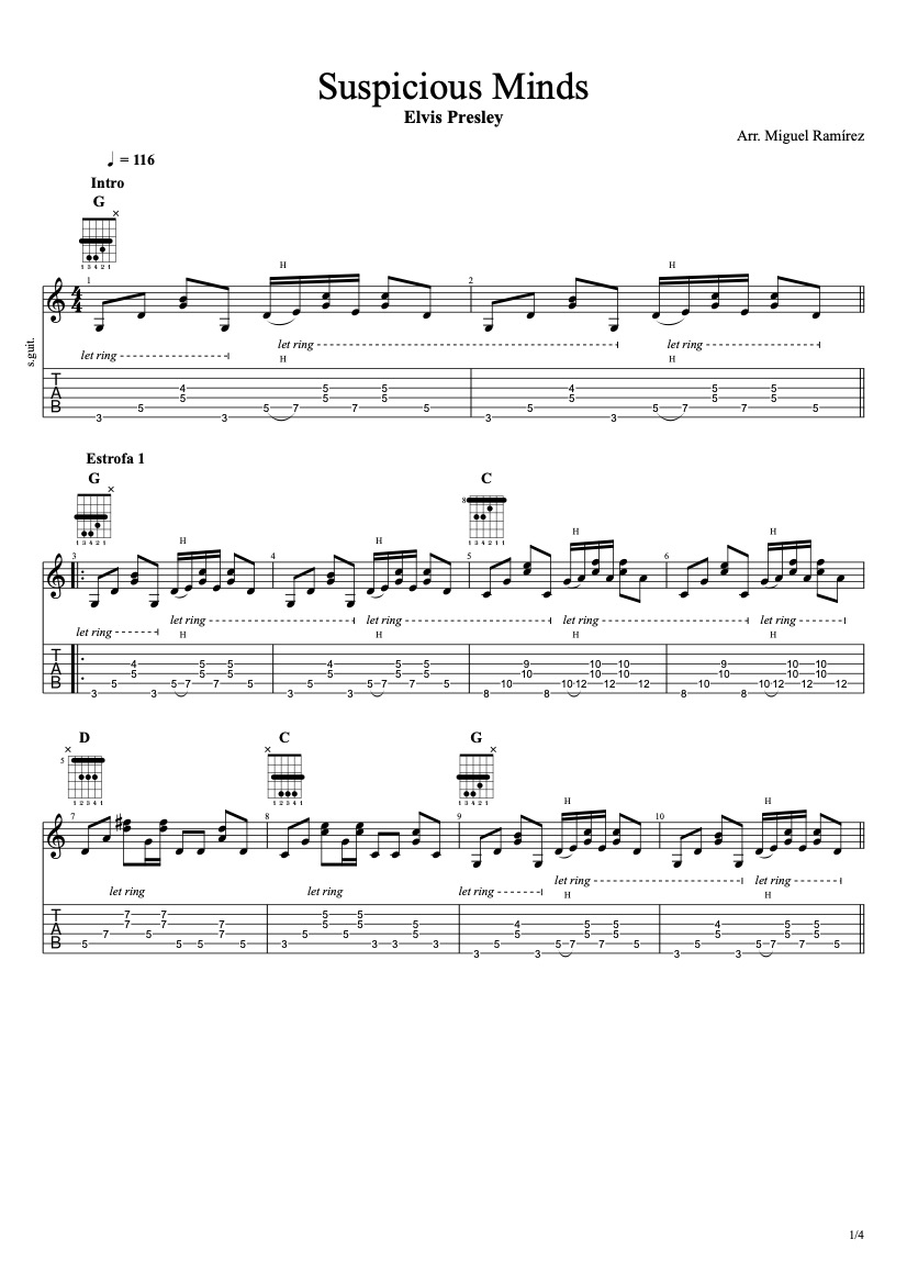 First page of the intermediate guitar tab sheet music for Suspicious Minds by Elvis Presley on Tably.es