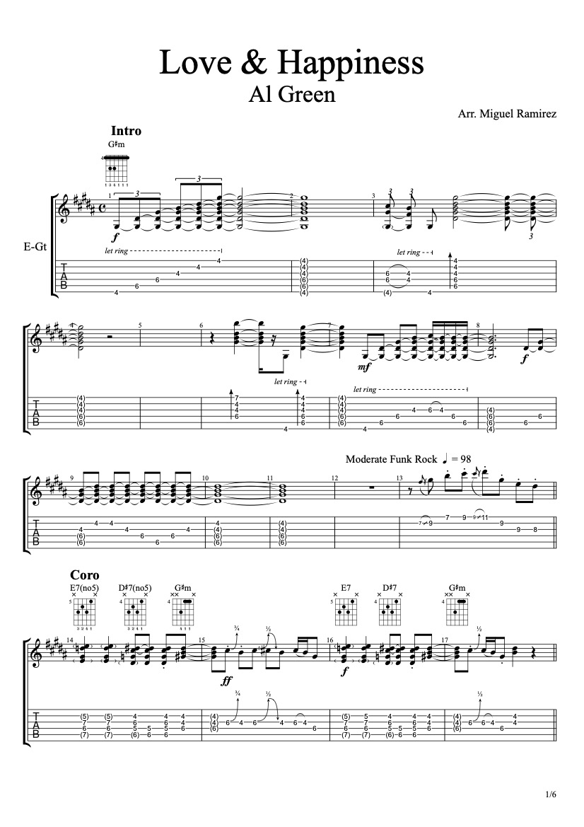 First page of the intermediate guitar tab sheet music for Love and Happiness by Al Green on Tably.es