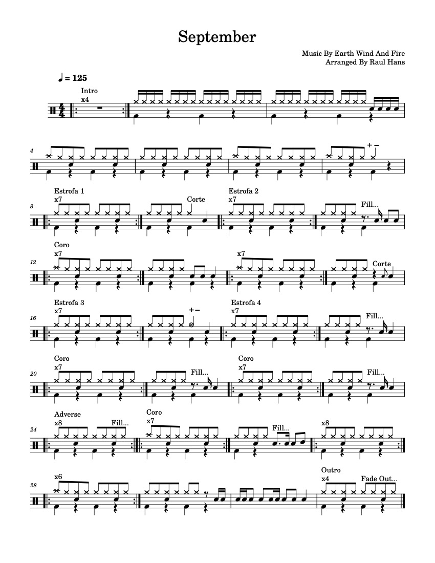 First page of the beginner drums tab sheet music for September by Earth, Wind & Fire on Tably.es