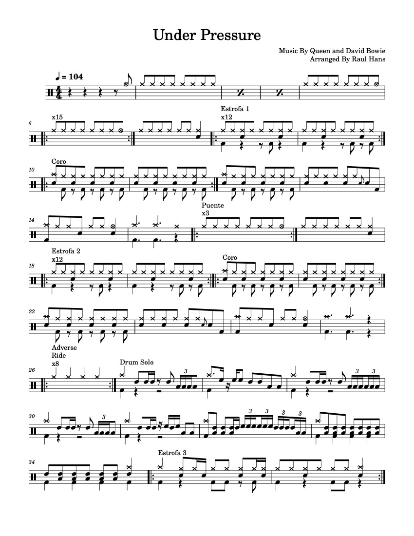 First page of the beginner drums tab sheet music for Under Pressure by Queen & David Bowie on Tably.es