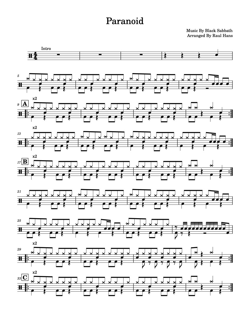 First page of the beginner drums tab sheet music for Paranoid by Black Sabbath on Tably.es