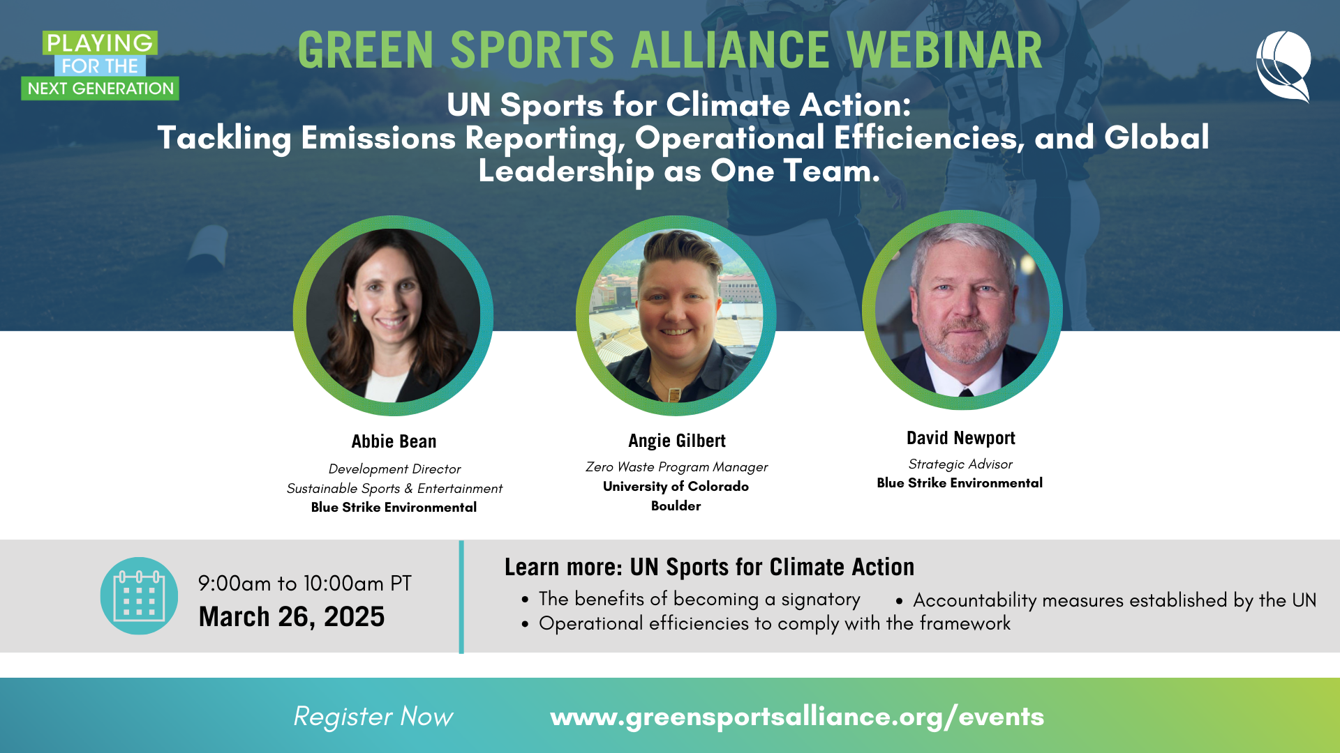 Green Sports Alliance Webinar: UN Sports for Climate Action:  Tackling emissions reporting, operational efficiencies, and global leadership as one team.