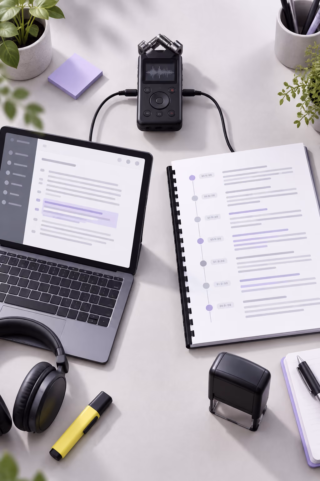 Transkrypcja na laptopie obok stenogramu z kodami czasowymi i pieczątką