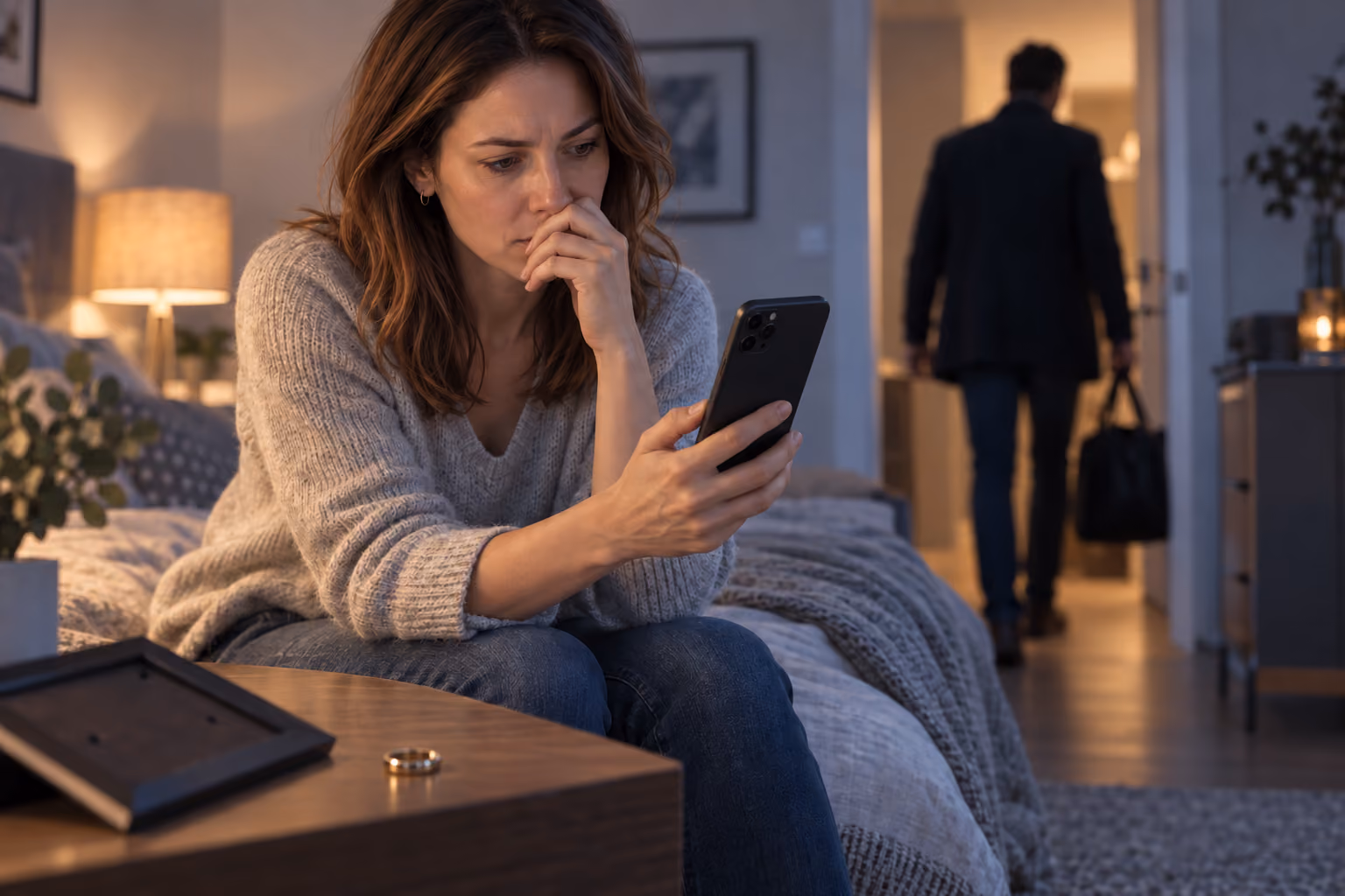 Kobieta przegląda nagrania i wiadomości w telefonie, partner wychodzi z domu