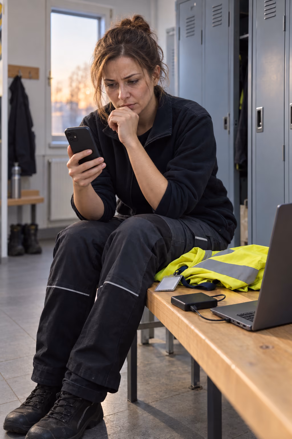 Pracownica w szatni zakładowej sprawdza w telefonie nagranie rozmowy z przełożonym