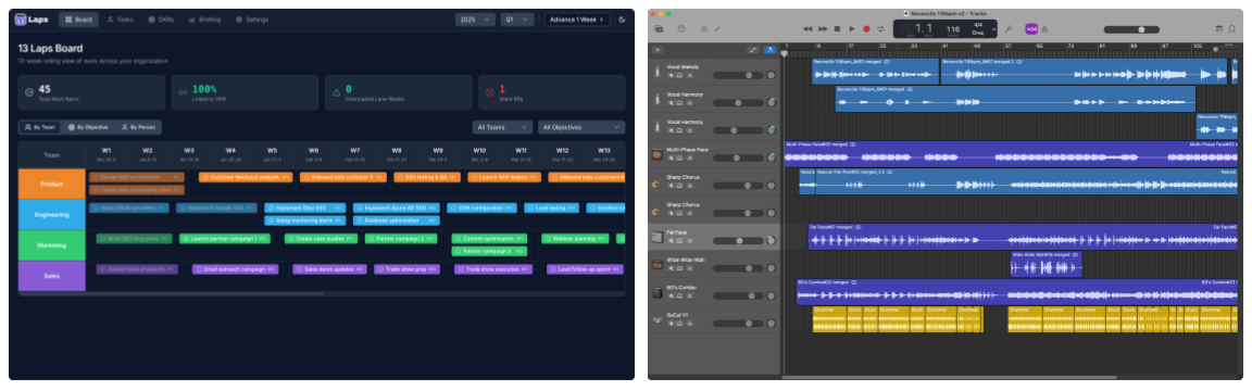 (Left) Loveable prototype showing a 13-week rolling work view with tasks by team and week. (Right) GarageBand multitrack session with stacked audio tracks and a drum loop timeline.