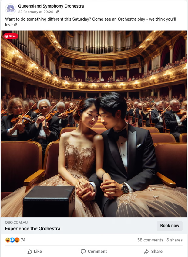 Queensland Symphony Orchestra Facebook ad showing an AI-generated image of a couple in formal wear seated in an ornate concert hall, with violin players visible in the audience around them.