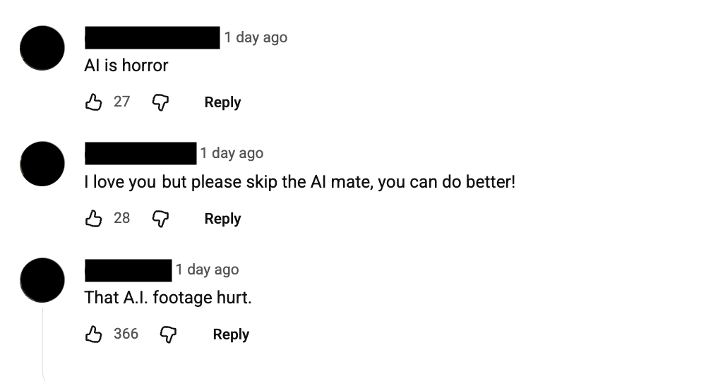 YouTube comments on a video post. Three viewers criticize AI-generated footage.