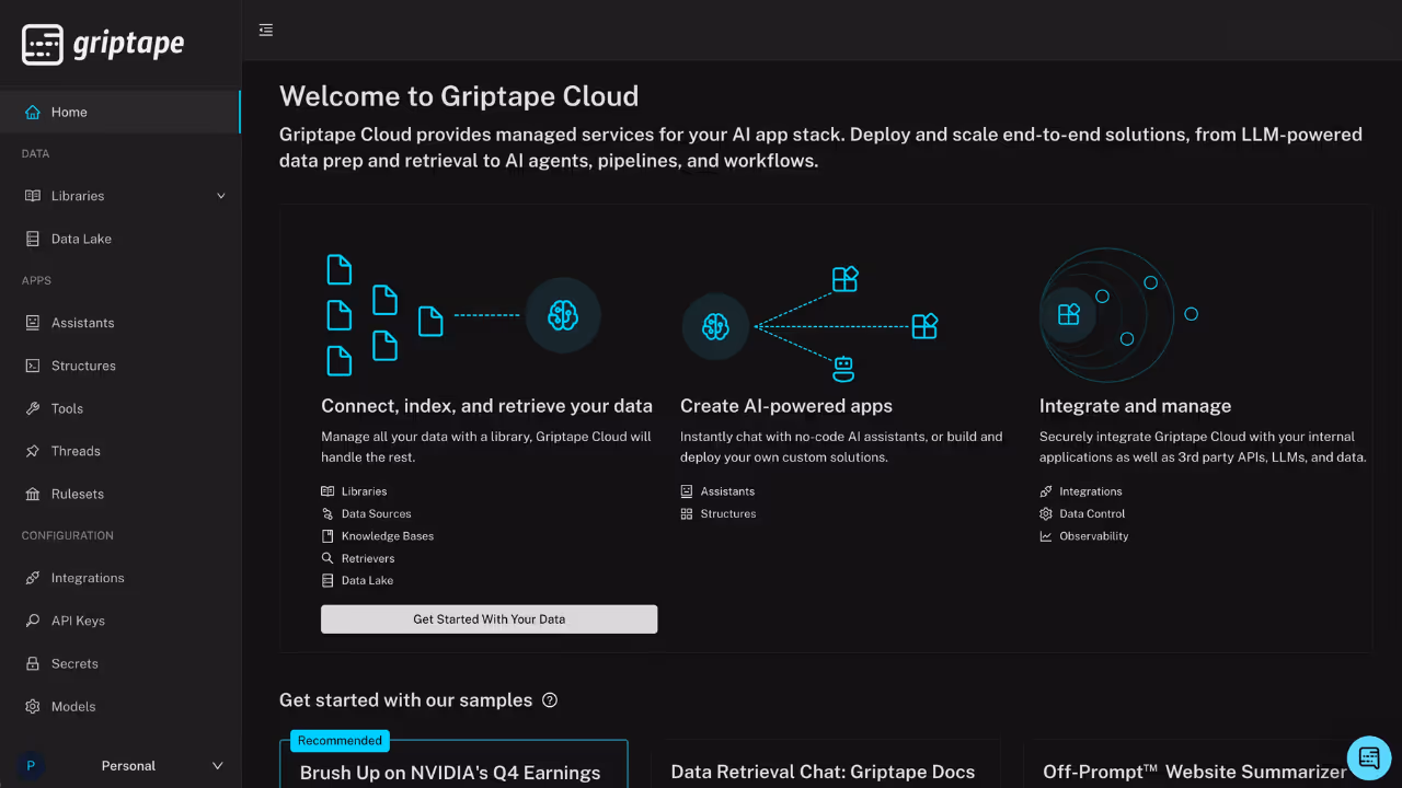 Dashboard interface of Griptape Cloud showing navigation menu and sections for connecting data, creating AI-powered apps, and integration management.