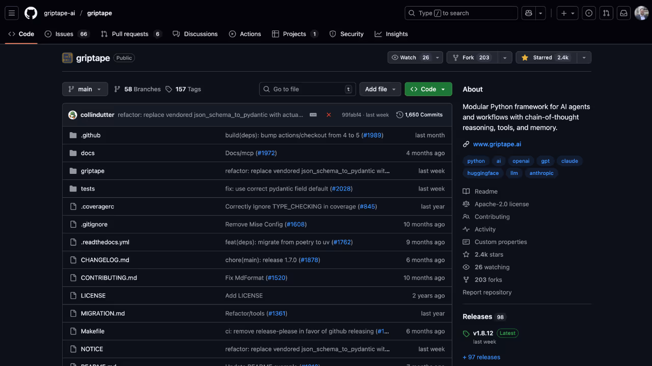 GitHub repository page for 'griptape' showing files, commits, branches, tags, and project details with stats and links on a dark interface.