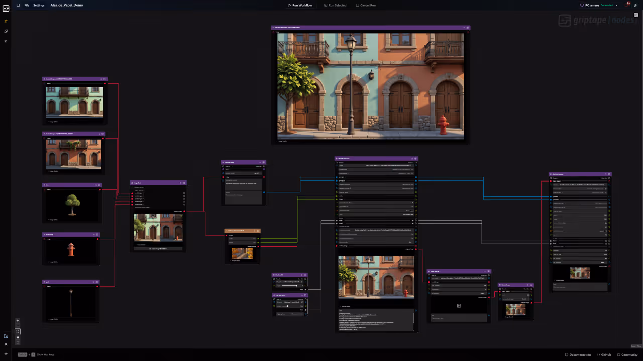 Screenshot of a visual programming interface displaying interconnected nodes with images of a colorful Mediterranean-style building facade, tree, fire hydrant, and streetlamp.
