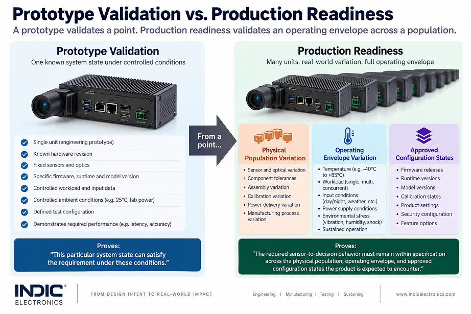 Prototype validation compared with production readiness for Edge AI hardware, showing one known engineering system state versus production-relevant physical population variation, the required operating envelope, and approved configuration states.