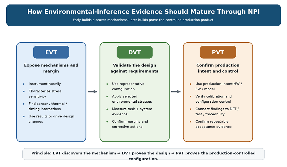 EVT, DVT and PVT validation flow for an Edge AI product, showing mechanism characterization in EVT, requirement-based environmental inference validation in DVT, and confirmation of production configuration, test controls and traceability in PVT.