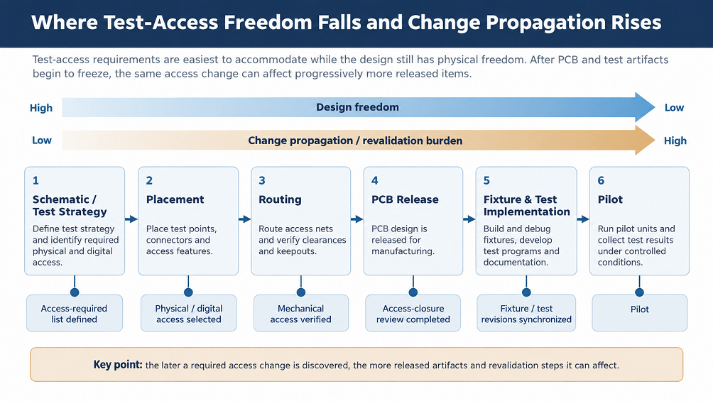 Engineering timeline from schematic and test strategy through placement, routing, PCB release, fixture and test implementation, and pilot, showing design freedom decreasing while the number of affected artifacts and revalidation burden increase.