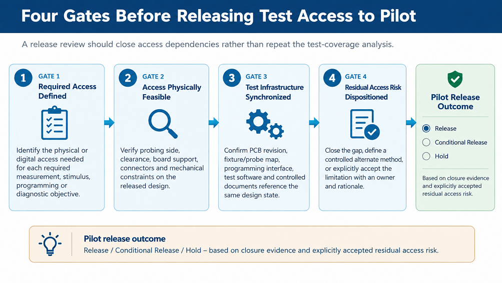 Four-gate pre-pilot test-access release framework showing Required Access Defined, Access Physically Feasible, Test Infrastructure Synchronized and Residual Access Risk Dispositioned, followed by Release, Conditional Release or Hold.