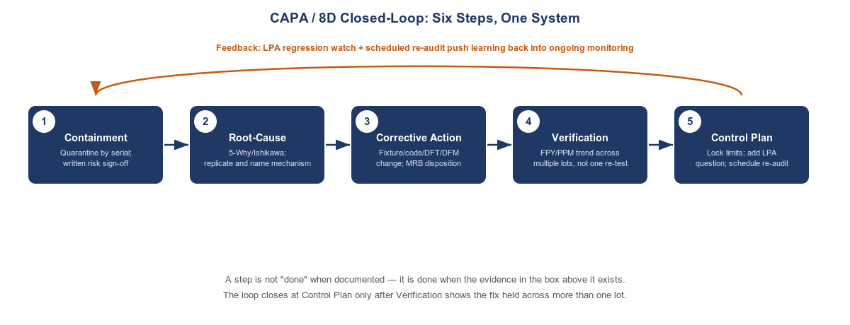 CAPA closed-loop diagram showing five steps in sequence — Containment, Root-Cause, Corrective Action, Verification, Control Plan — with a feedback arrow from Control Plan back to Containment representing ongoing LPA regression watch and scheduled re-audits.