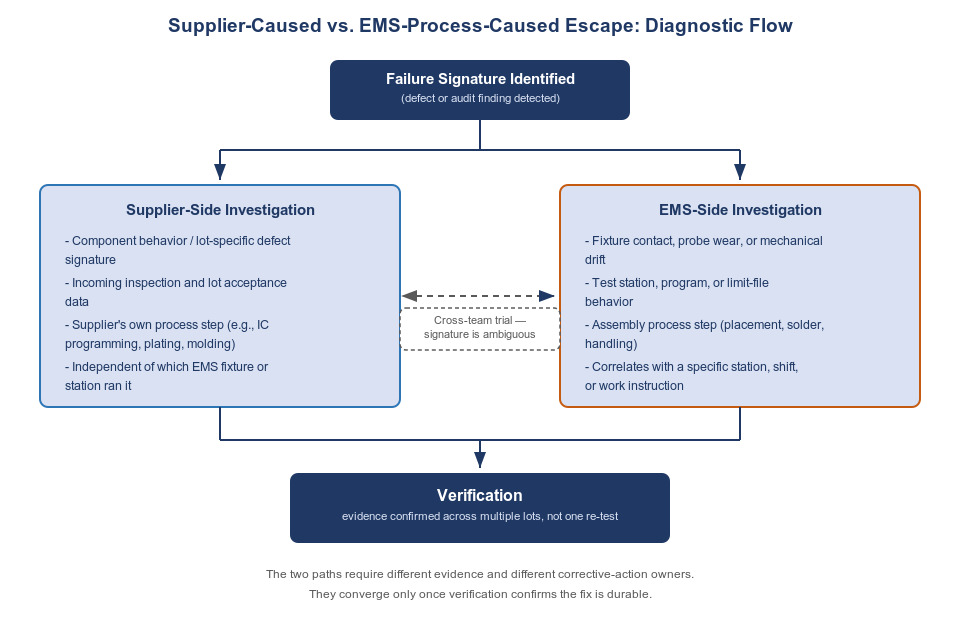 Diagnostic flow diagram showing a failure signature branching into a supplier-side investigation path (component behavior, incoming inspection, supplier process step) and an EMS-side investigation path (fixture, test station, assembly process), connected by a cross-team trial step where the signature is ambiguous, and converging at a shared verification step.