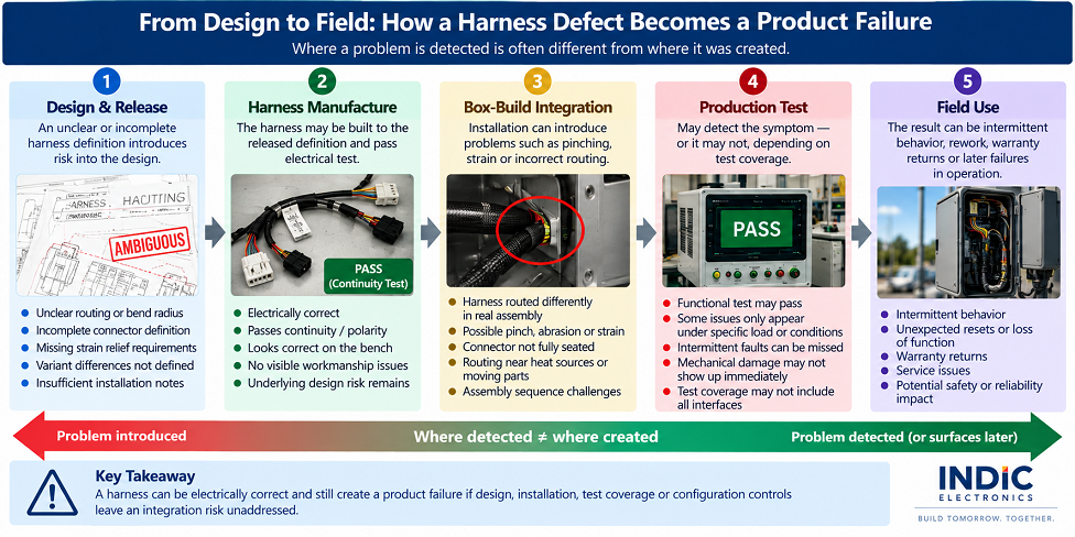 Failure propagation diagram showing how an unclear design or interface requirement can pass through harness manufacture, become an installation problem during box build, appear during production test or surface later as a field failure.