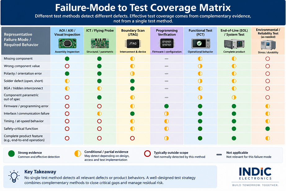 Matrix mapping representative PCBA failure modes and required behaviors to inspection, structural test, boundary scan, programming verification, functional test and end-of-line evidence, showing that each method has different strengths and blind spots.