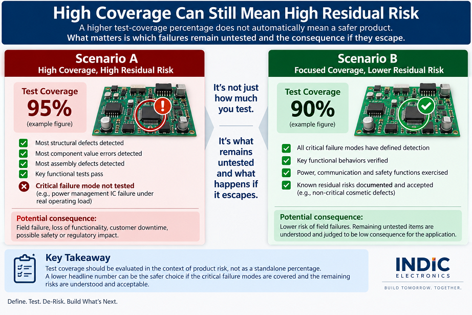 Comparison showing two products with similar or lower headline test coverage, where the first leaves a high-consequence failure mode untested while the second covers field-critical risks and documents lower-consequence residual blind spots.
