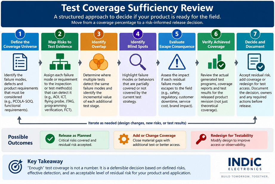 Seven-step flowchart for production test coverage sufficiency: define the fault universe, map risks to evidence, identify overlap, identify blind spots, evaluate escape consequence, verify achieved coverage, and decide whether to accept residual risk or add coverage.
