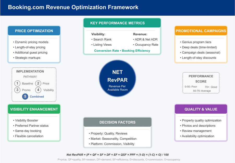 Diagram titled “Booking.com Revenue Optimisation Framework” centred on a blue circle labelled “Net RevPAR (Revenue Per Available Room).” Surrounding it are six coloured boxes:	•	Price Optimisation (blue): dynamic pricing models, length‑of‑stay pricing, additional guest pricing, strategic markups.	•	Promotional Campaigns (amber): Genius programme tiers, deep deals (time‑limited), seasonal campaign deals, length‑of‑stay discounts.	•	Visibility Enhancement (green): Visibility Booster, Preferred Partner status, same‑day booking, flexible cancellation.	•	Quality & Value (purple): property quality optimisation, photos and descriptions, review management, availability optimisation.	•	Key Performance Metrics (teal): visibility (search rank, listing views), revenue (ADR & net ADR, occupancy rate), plus conversion rate and booking efficiency.	•	Decision Factors (grey): property (quality, reviews), market (seasonality, competition), platform (commission, visibility).At left is an Implementation Pathway (dashed box) listing five steps: baseline, price, promo, visibility, combined. At right is a Performance Score legend (0–50 poor, 50–70 average, 70+ good). A formula at the bottom reads “Net RevPAR = (P × QF × SF × DF × EF × QSF × PPF × (1 – D) × (1 – C) × O) / 100.”