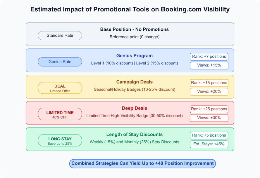 A vertical list of five promotional options and their estimated effects on search rank and view volume, arranged as coloured boxes:	1.	Base Position – No Promotions (grey): standard rate, reference point (0 change).	2.	Genius Programme (blue): Genius Rate with 10 % discount at Level 1 and 15 % at Level 2; improves rank by +7 positions and views by +15 %.	3.	Campaign Deals (amber): seasonal/holiday badges offering 10–25 % discount; rank +15 positions, views +20 %.	4.	Deep Deals (red): limited‑time high‑visibility badge with 30–50 % discount; rank +25 positions, views +30 %.	5.	Length of Stay Discounts (green): weekly 15 % and monthly 25 % discounts; rank +5 positions, extended stays +45 %.A note at the bottom in blue states that combined strategies can yield up to +40 position improvement.
