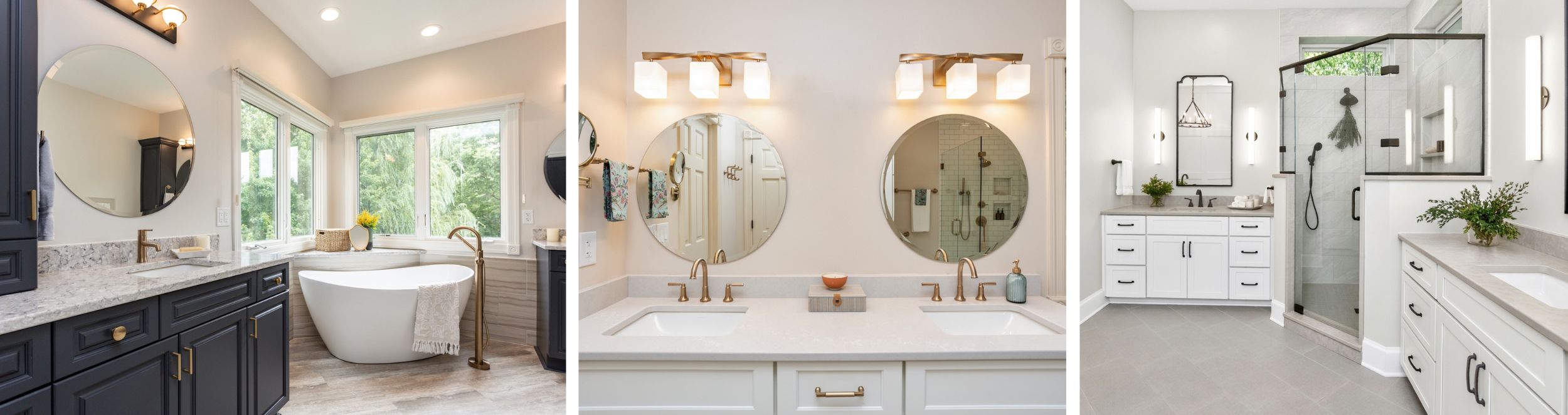 Three remodeled primary bathrooms with different floorplans.