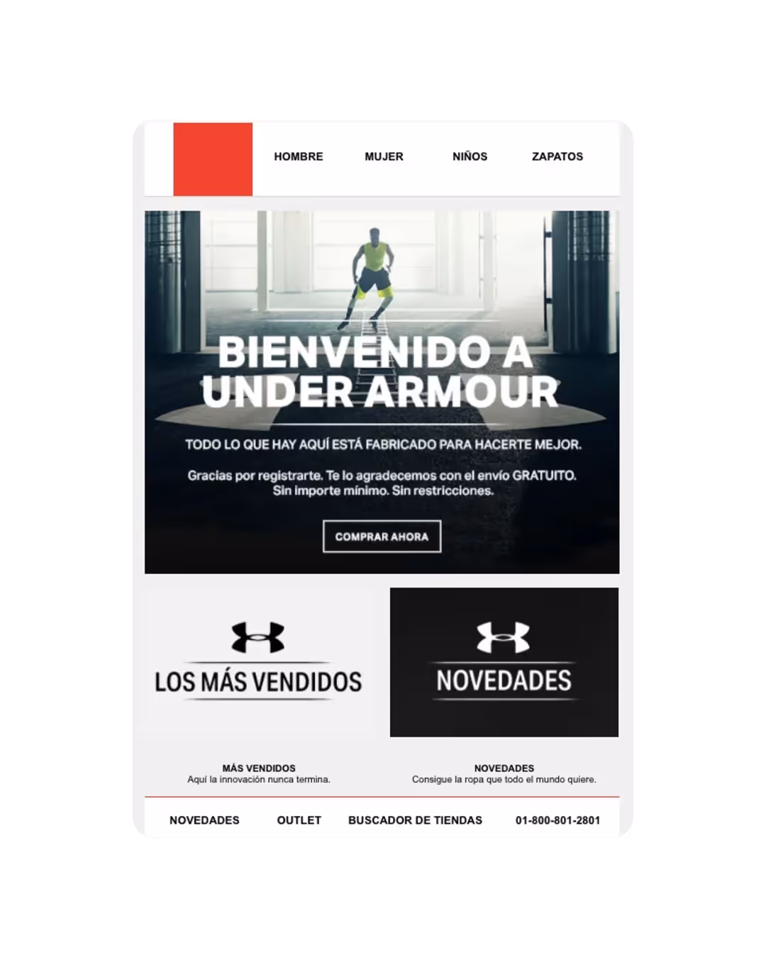 Email de bienvenida de Under Armour con mensaje promocional, botón CTA “Comprar ahora”, categorías destacadas y diseño visual enfocado en rendimiento deportivo.