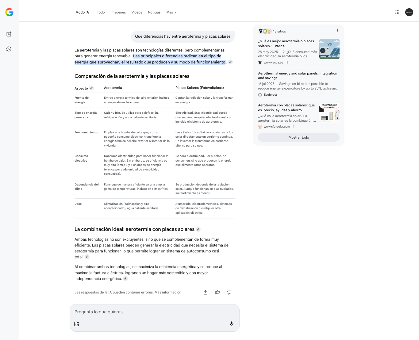 Interfaz del Modo IA de Google mostrando una búsqueda sobre las diferencias entre aerotermia y placas solares, con resultados generados por inteligencia artificial que incluyen comparativas y explicaciones detalladas.