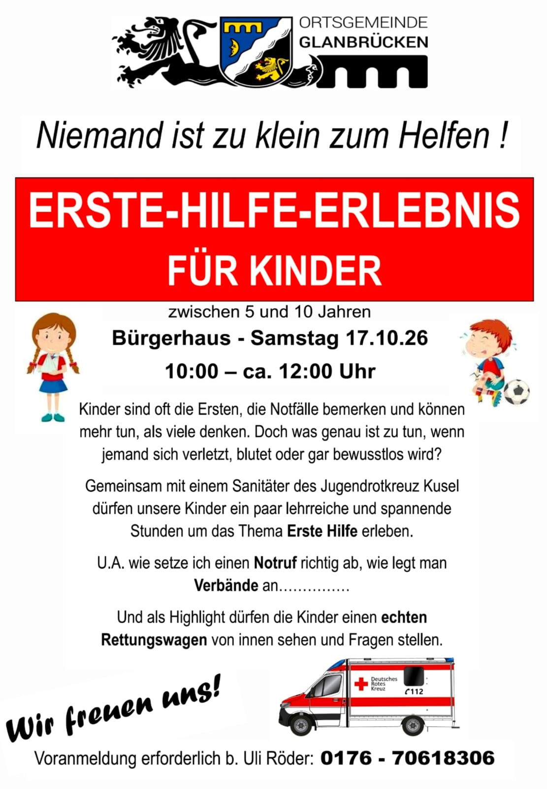 Plakat Erste-Hilfe-Erlebnis für Kinder am 17.10.2026 im Bürgerhaus Glanbrücken