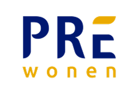 Logo van PRE wonen in blauwe en gele letters.