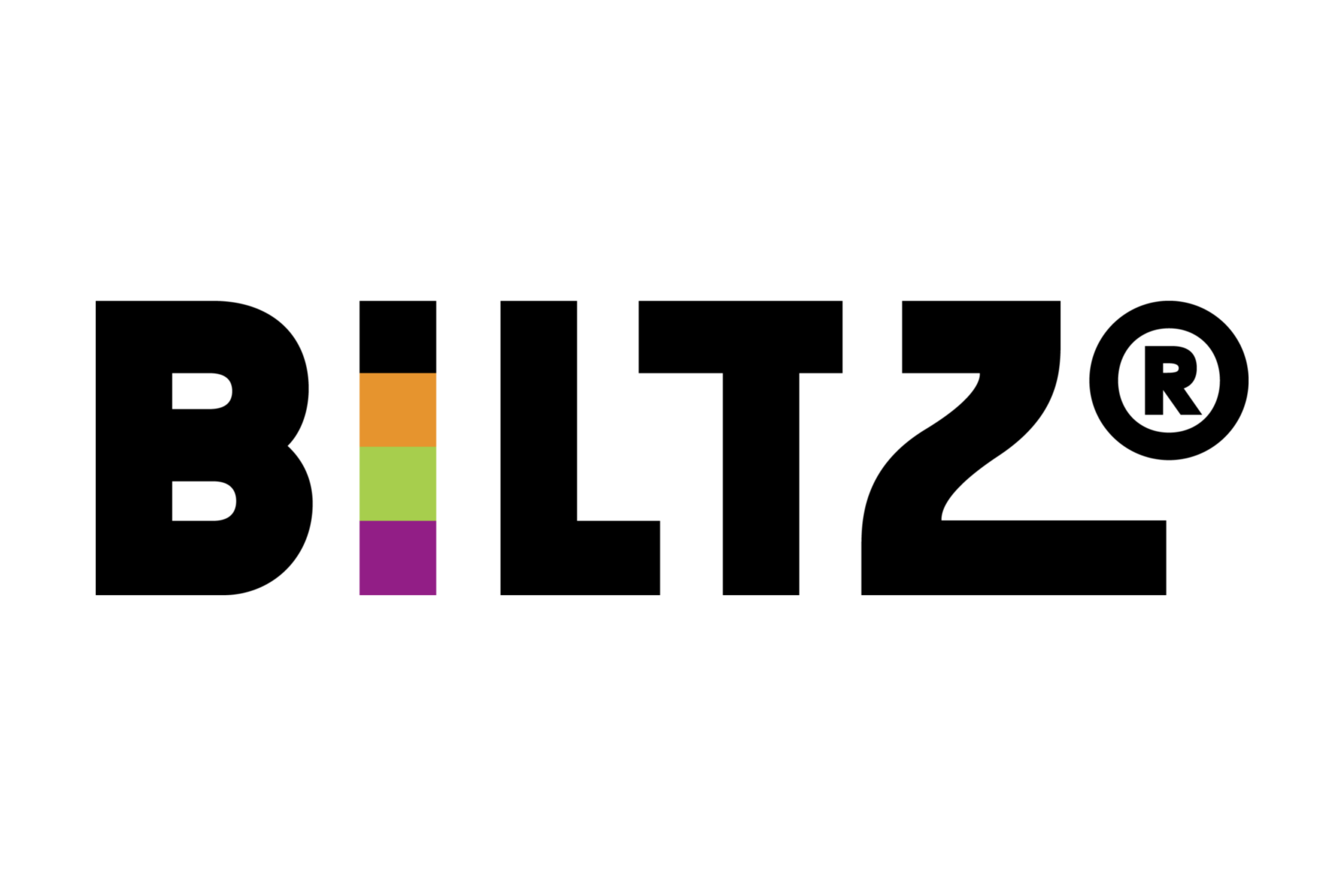 Biltz company logo with stacked orange, green, and purple squares to the left of black text.