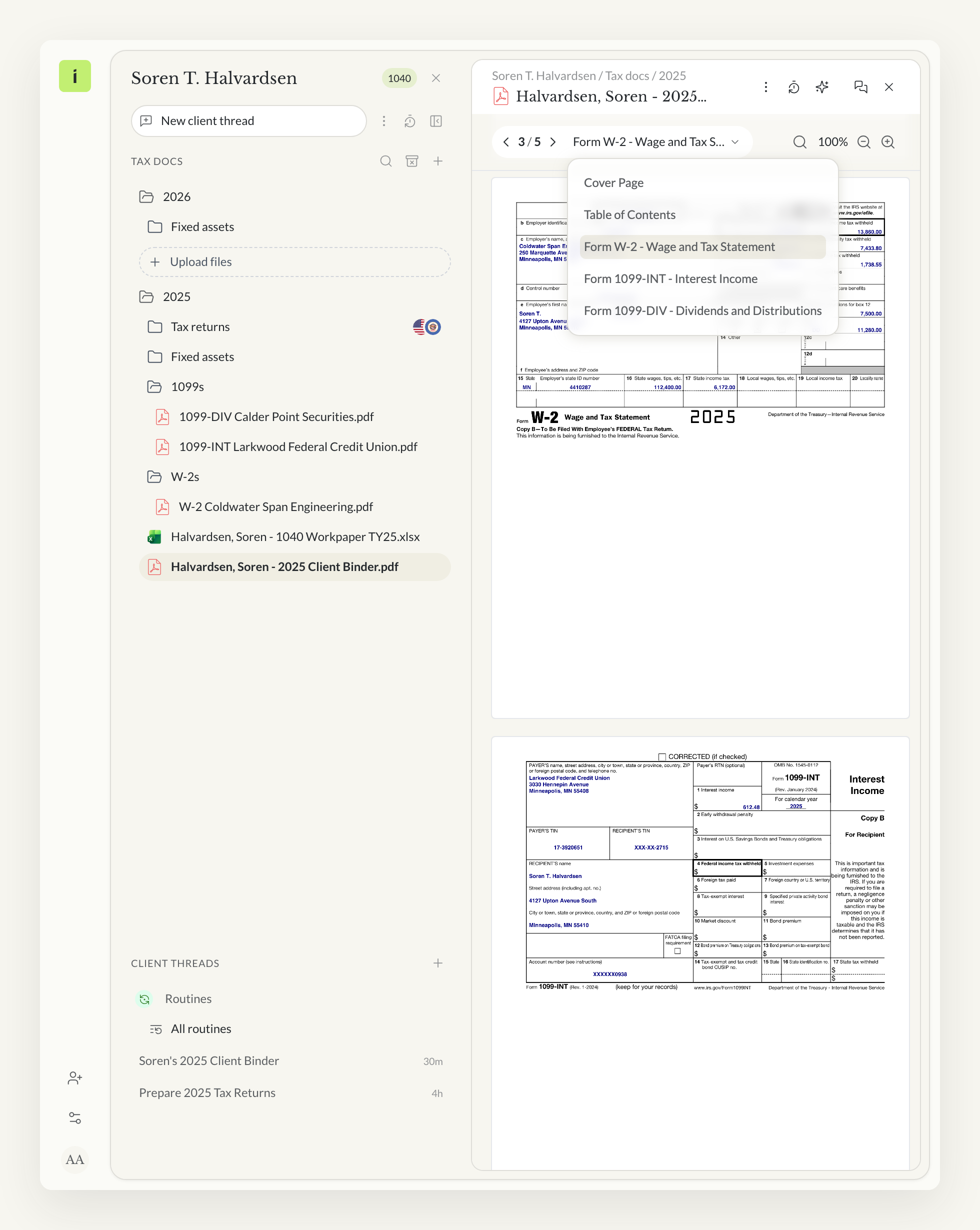 A finished client tax binder in the Instead viewer, open on a 2025 Form W-2 with the bookmarks menu listing the cover page, the table of contents, the W-2, the 1099-INT, and the 1099-DIV