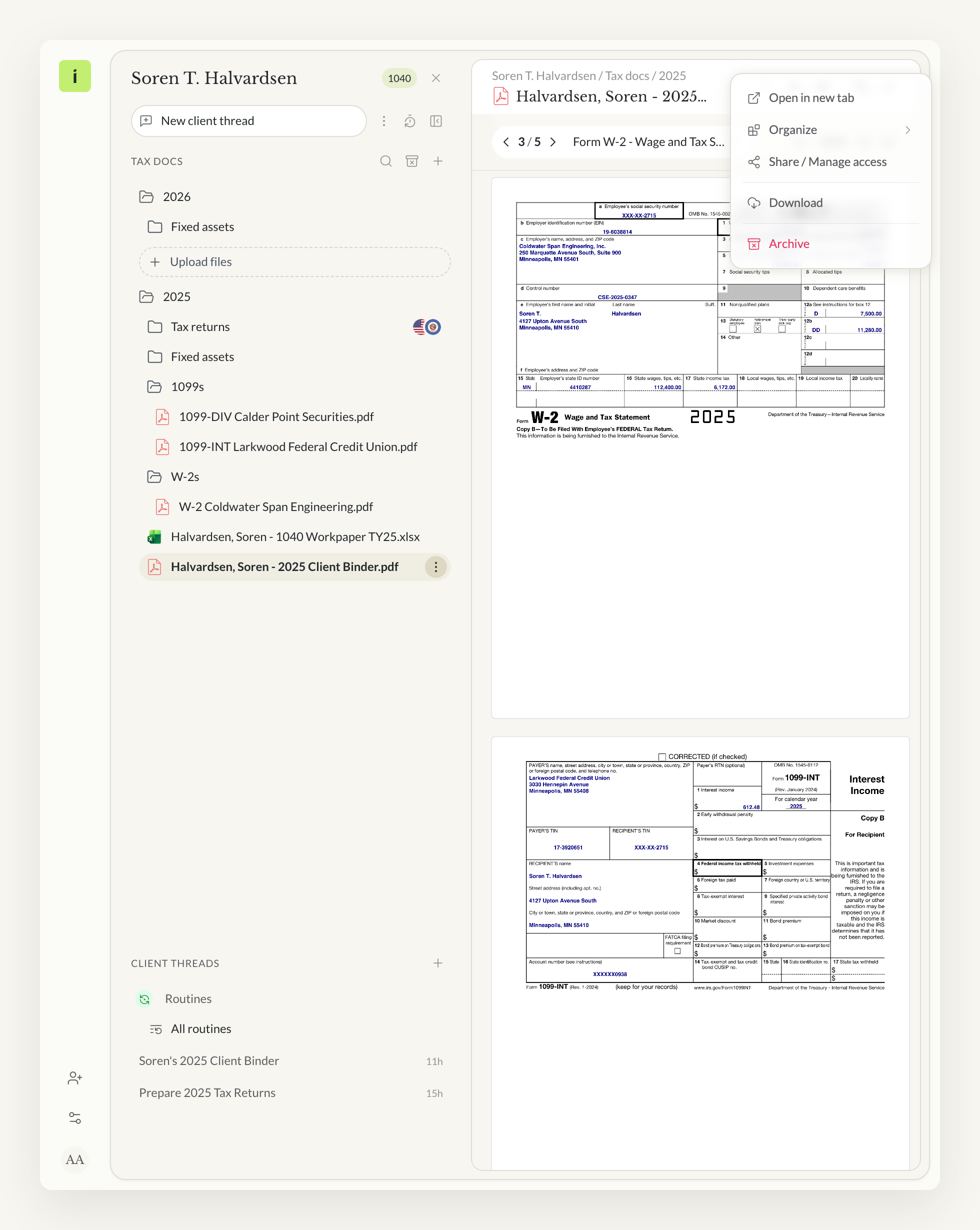A finished client tax binder in the Instead viewer, open on a 2025 Form W-2 with the file menu listing Open in new tab, Organize, Share / Manage access, Download, and Archive