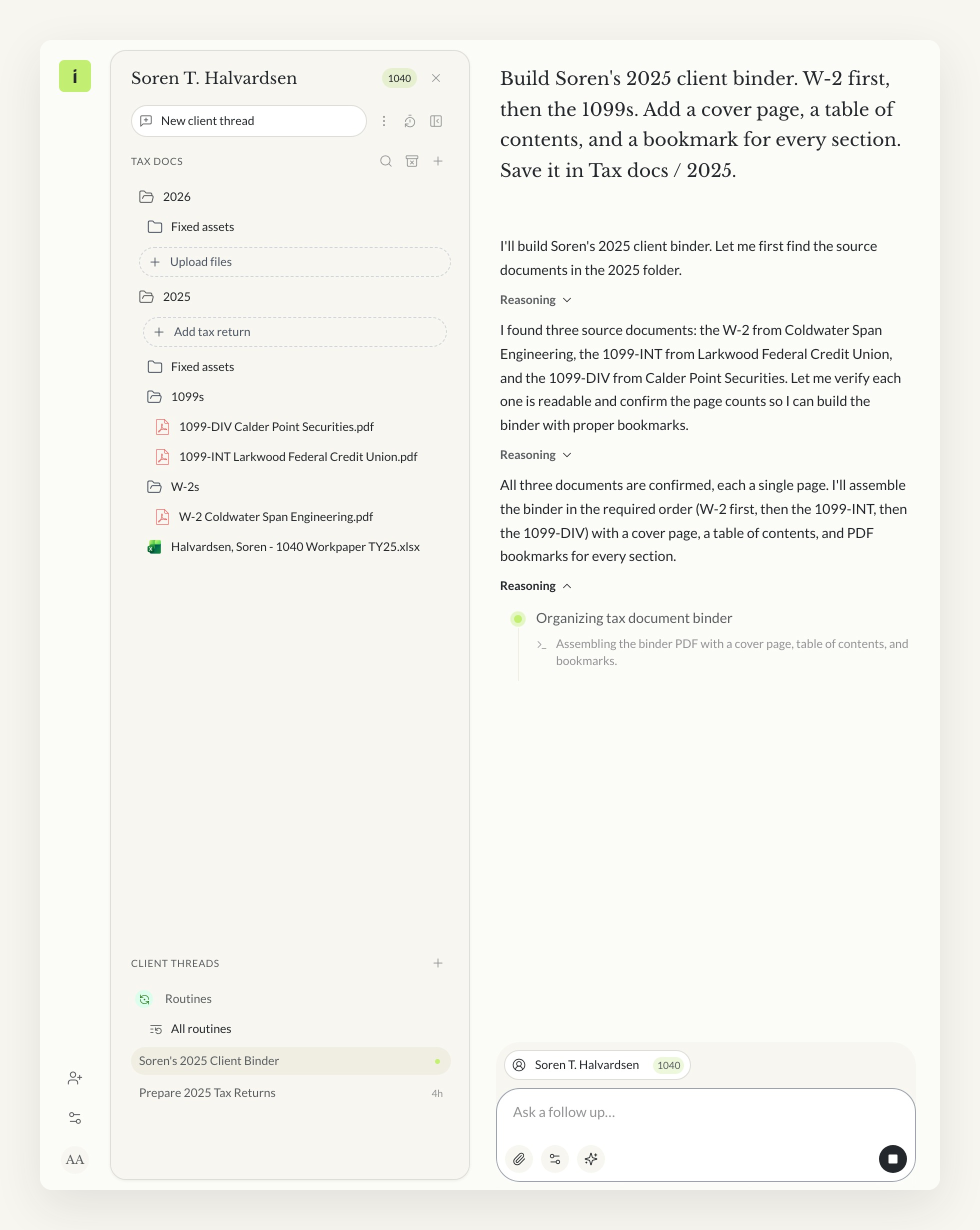 An Instead client thread where the agent lists the client's W-2, 1099-INT, and 1099-DIV, confirms each is a single page, and shows it is assembling the binder PDF with a cover page, a table of contents, and bookmarks