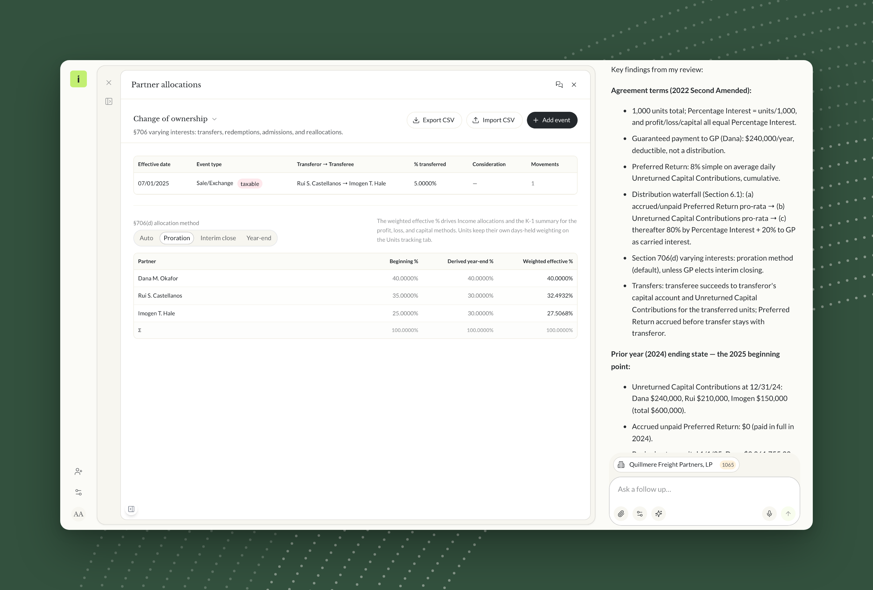 Change of ownership in Instead's partner allocations module, with the 07/01/2025 sale from Rui S. Castellanos to Imogen T. Hale of 5.0000%, the section 706(d) method set to Proration, and weighted effective percentages of 40.0000%, 32.4932% and 27.5068%