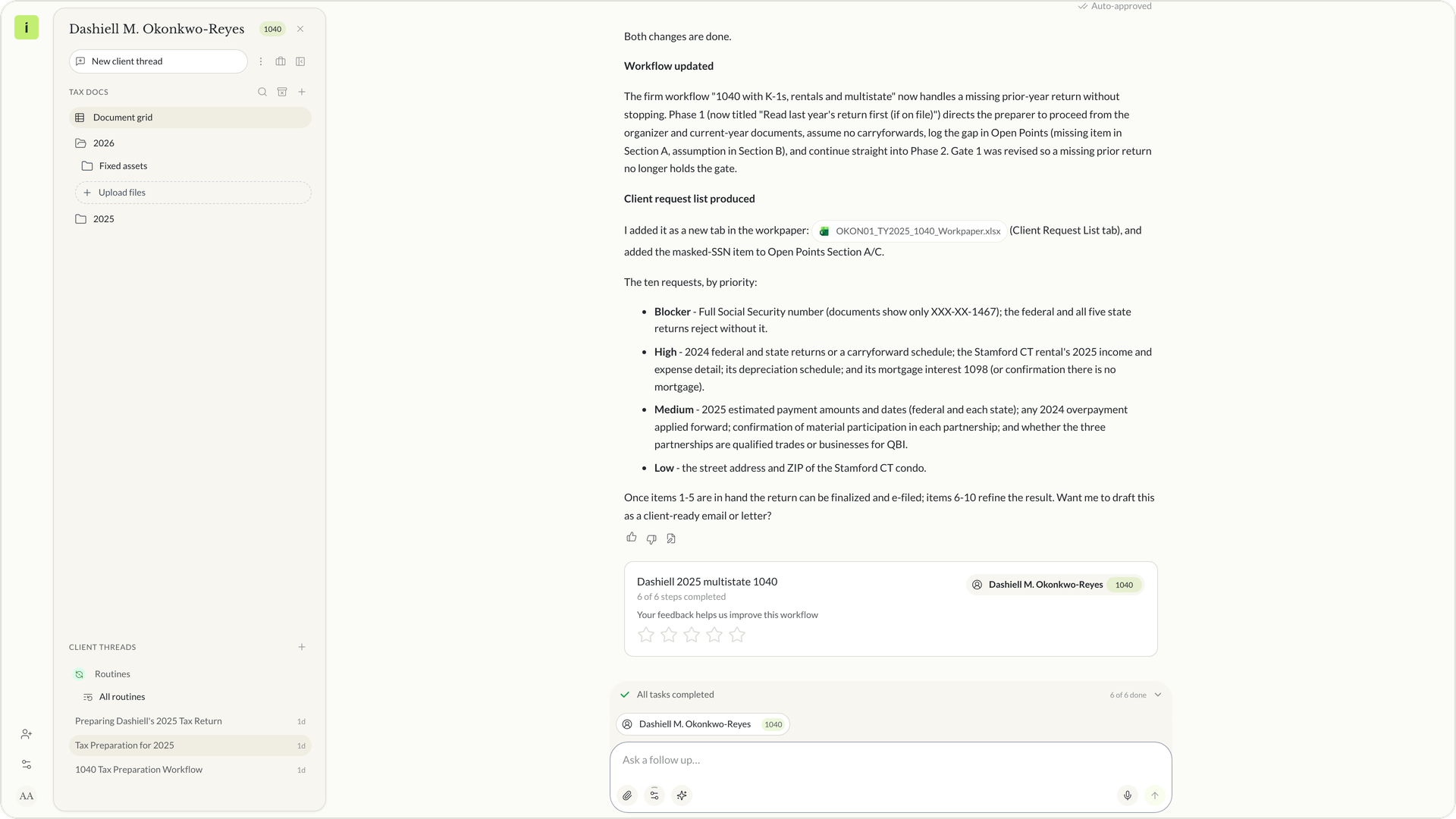 The Instead agent replies that the workflow is updated and lists the client requests it added