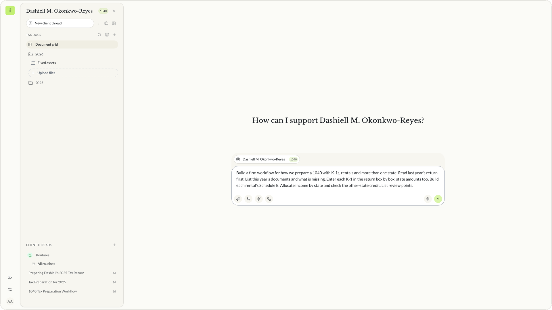 A preparer types the firm's 1040 with K-1s steps into the Instead client chat