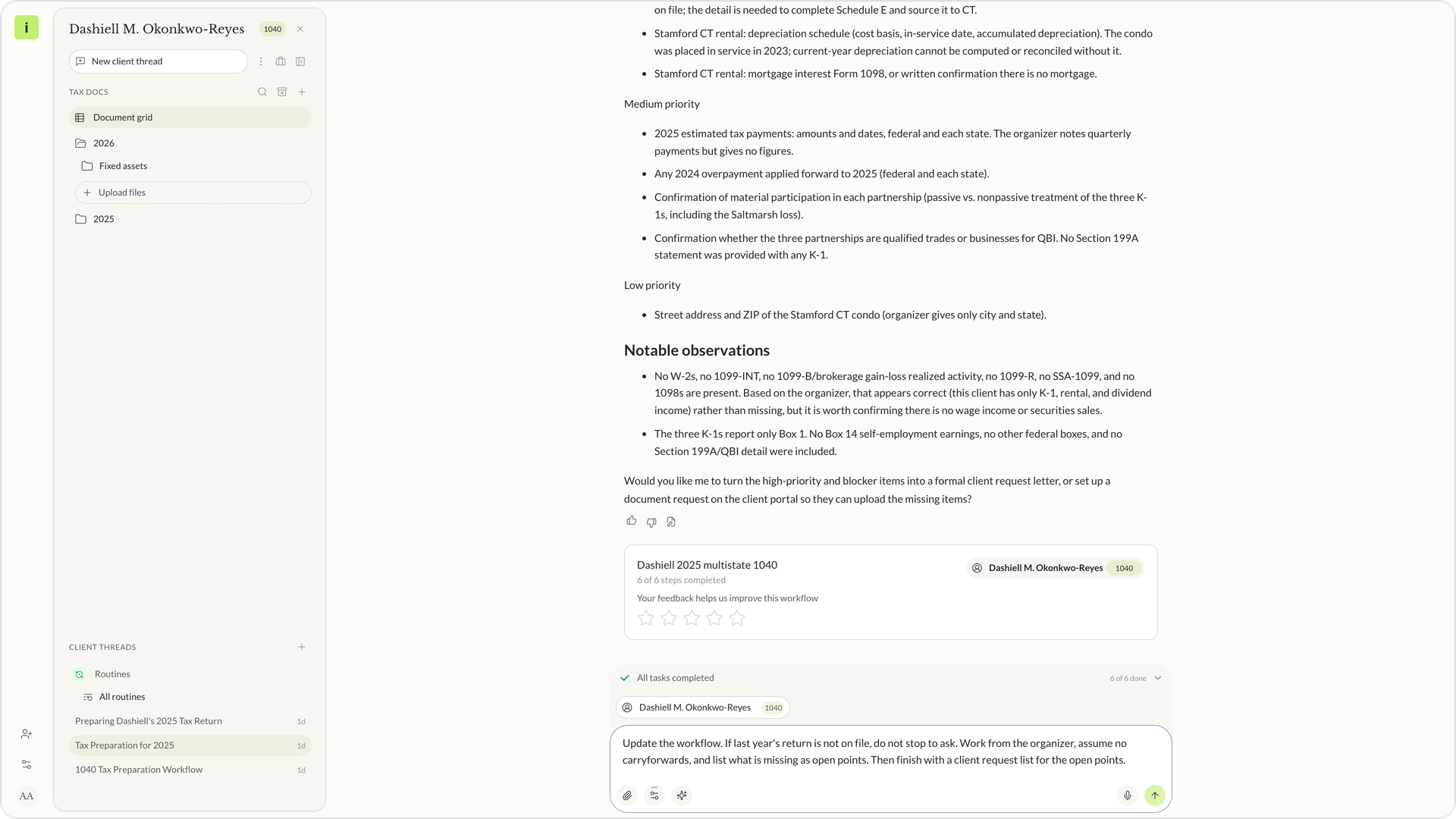 A preparer types a fix in the Instead client chat so the workflow does not stop when last year's return is missing