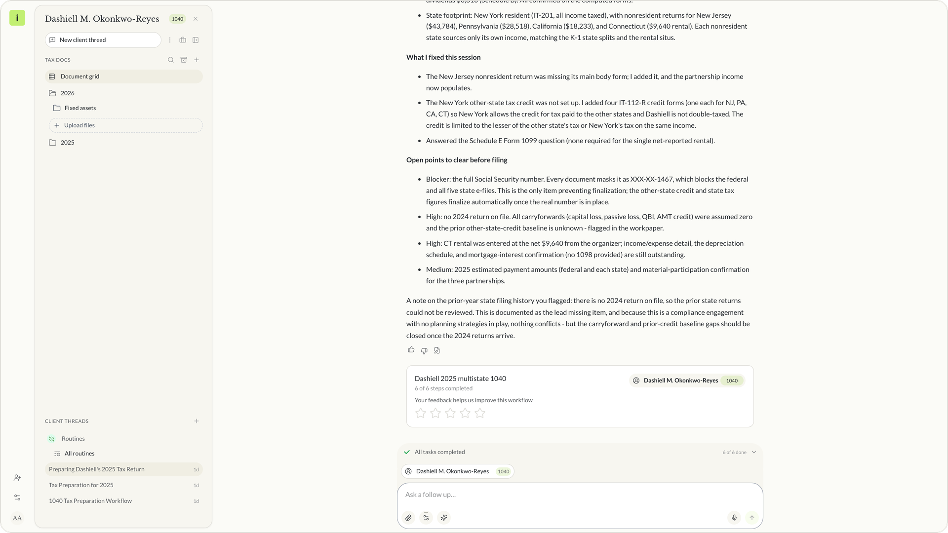 The second run's summary in Instead with six of six steps done and no question asked